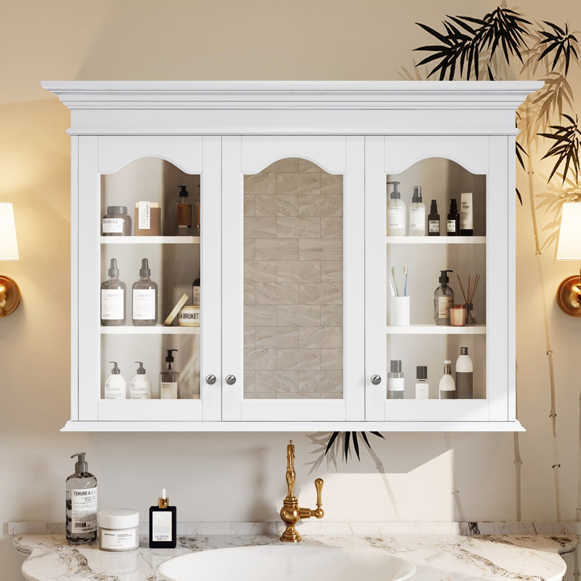 AAZJ Medicine Cabinet with Mirror 40-in x 28-in Fog Free Surface Mount White Mirrored Oval Medicine Cabinet