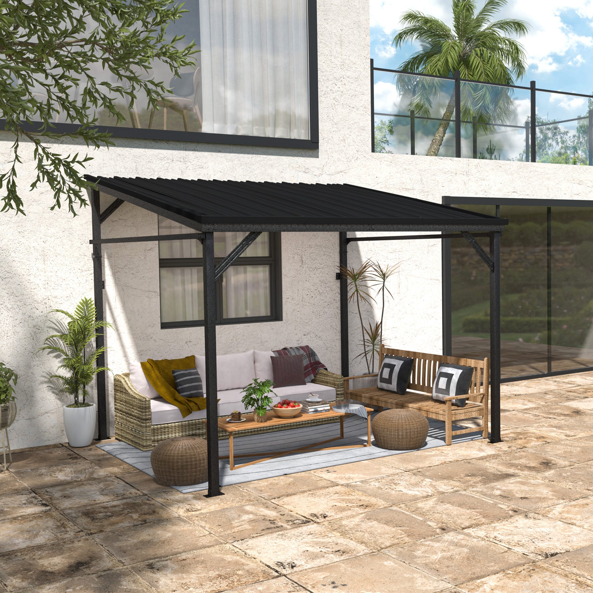 VEIKOUS 8-ft W x 10-ft L x 8-ft 1-in H Black Metal Attached Pergola