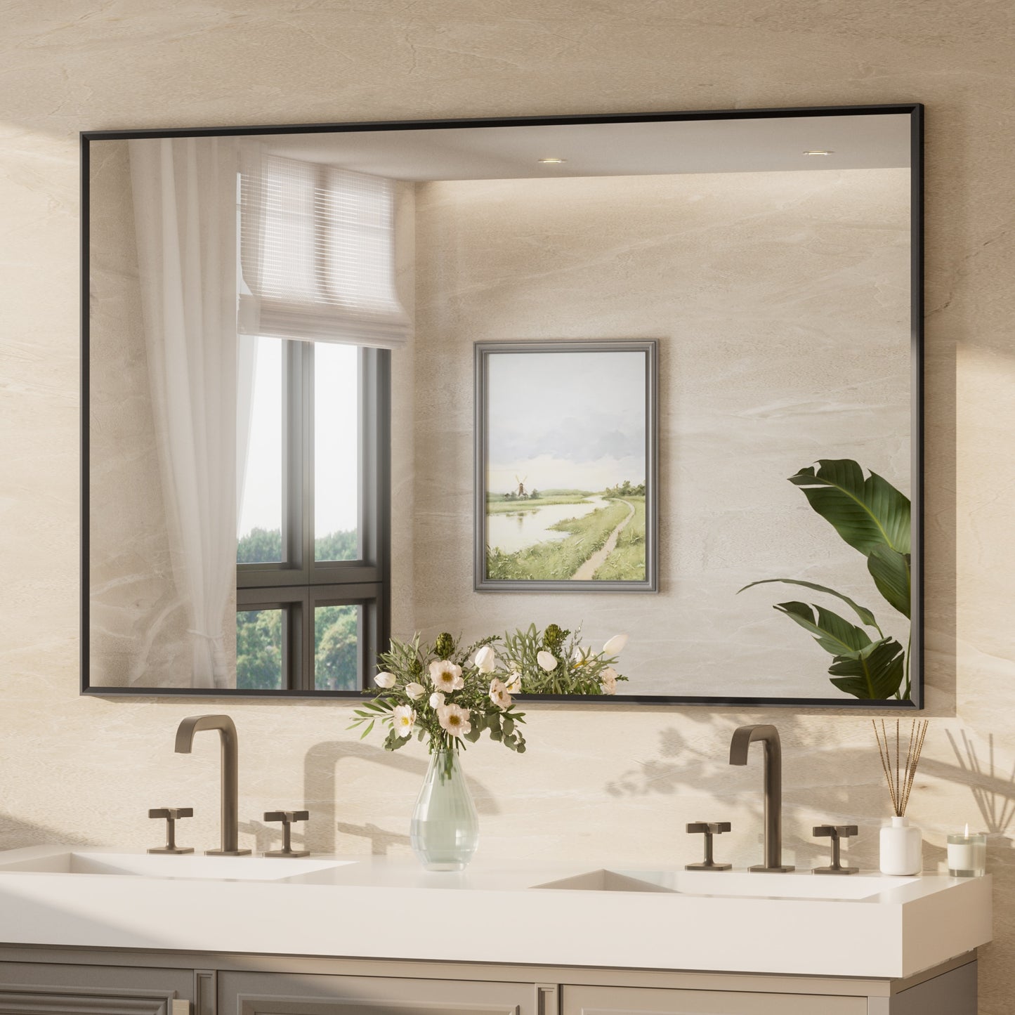 Keonjinn Bathroom Mirrors 55-in W x 36-in H Rectangle Matte Black Framed Wall Mirror