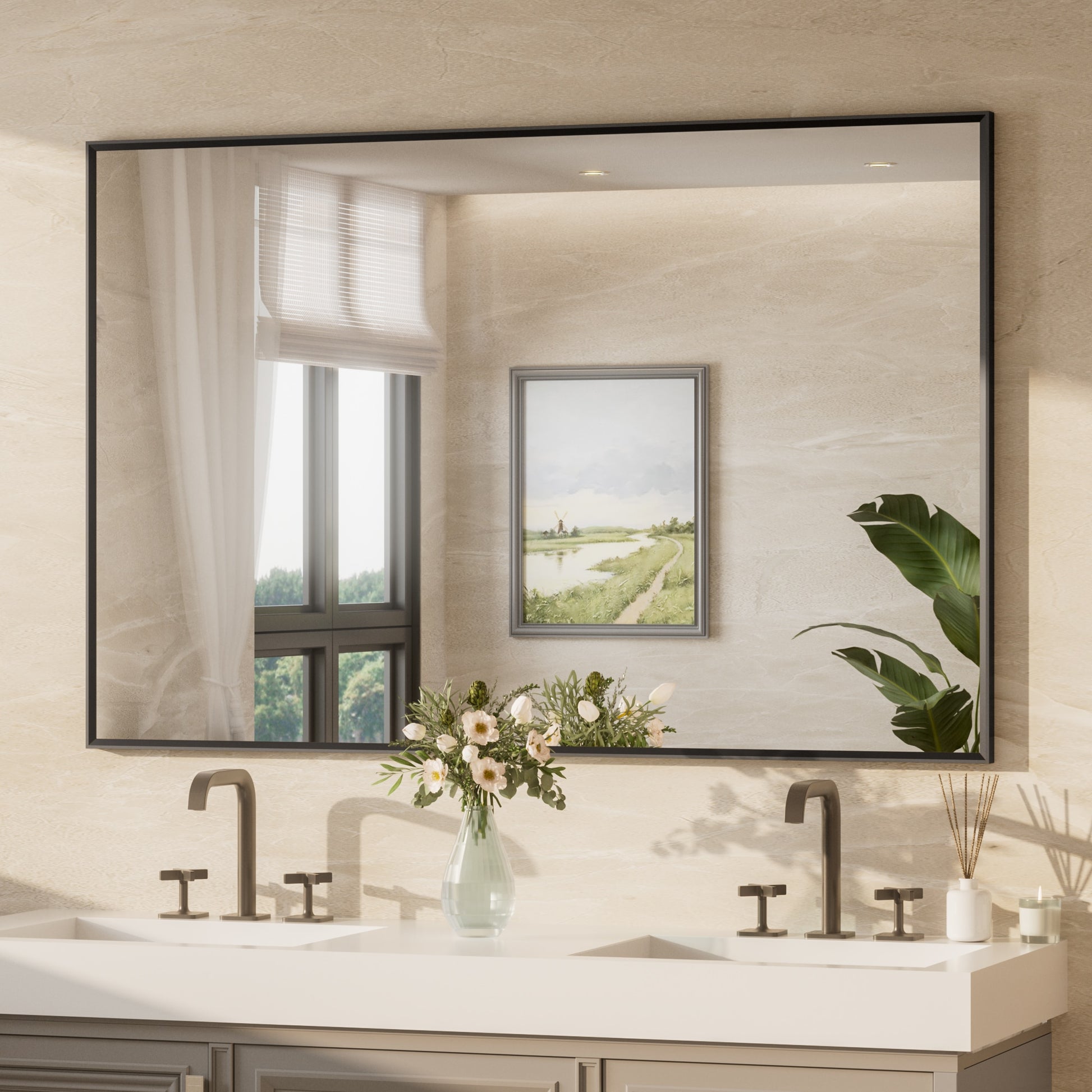 Keonjinn Bathroom Mirrors 55-in W x 36-in H Rectangle Matte Black Framed Wall Mirror