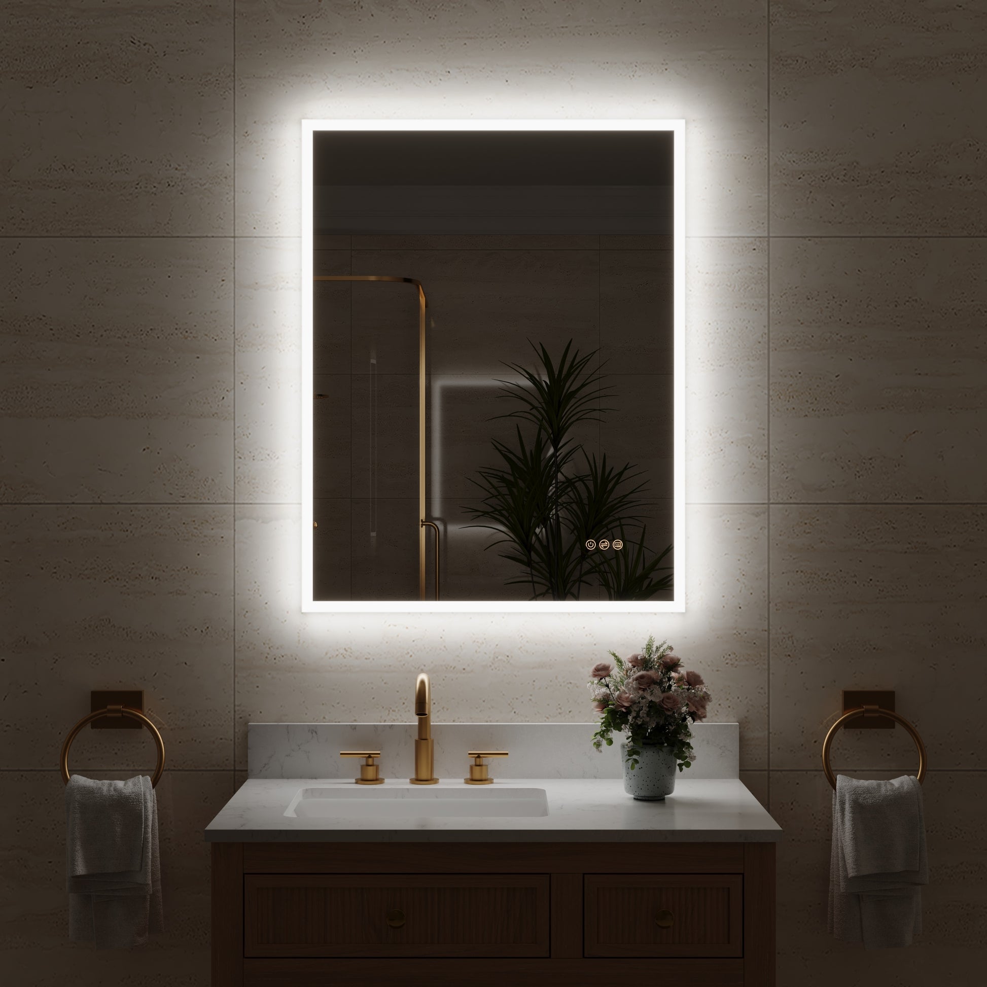CALVON 28-in x 36-in Polished Frameless Rectangle Dimmable LED Lighted Fog Free Bathroom Vanity Mirror ( Silver )