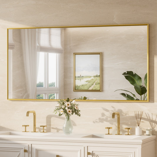 Keonjinn Bathroom Mirrors 60-in W x 30-in H Rectangle Brushed Gold Framed Wall Mirror