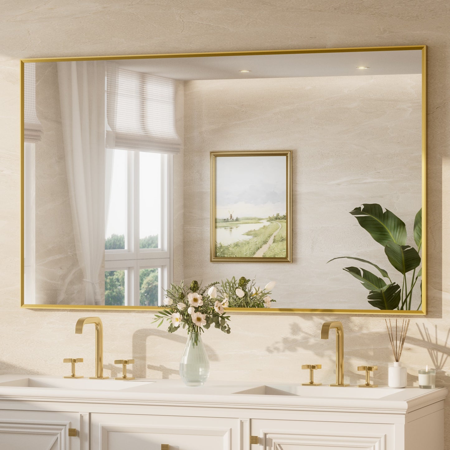 Keonjinn Bathroom Mirrors 60-in W x 36-in H Rectangle Brushed Gold Framed Wall Mirror