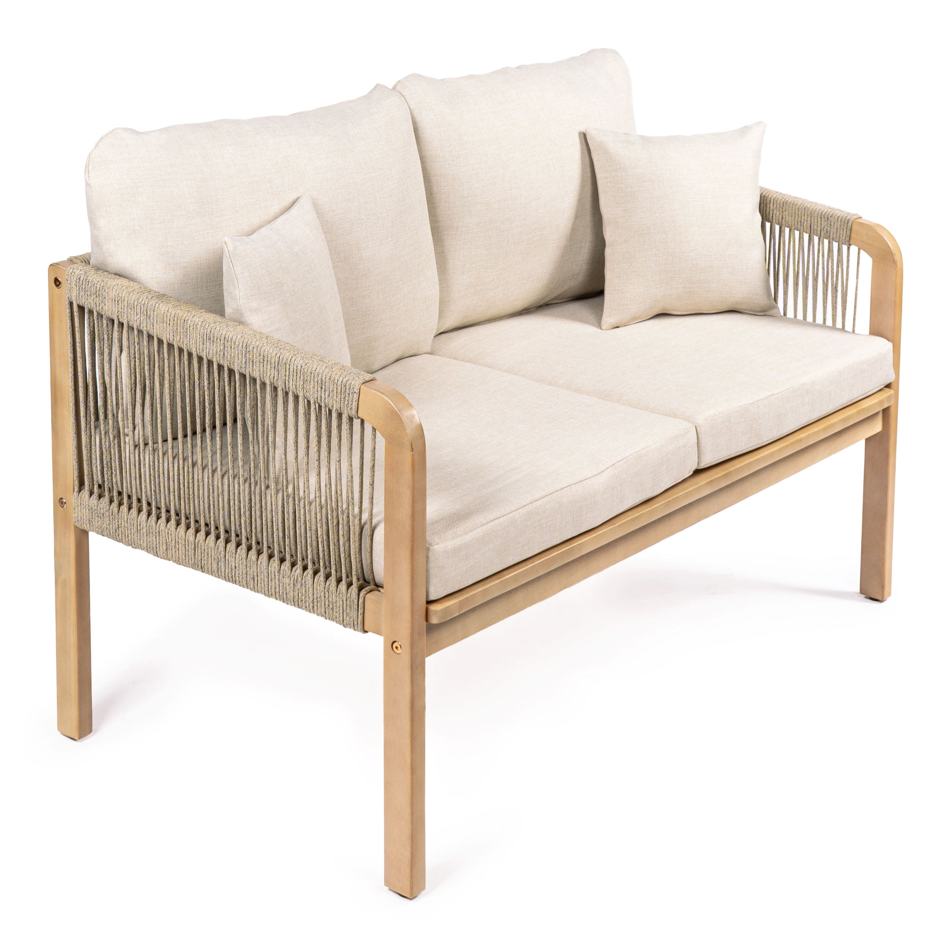 JONATHAN  Y Arwen Roped Acacia Modern Bohemian Outdoor Loveseat with Beige Cushions and Wood Frame