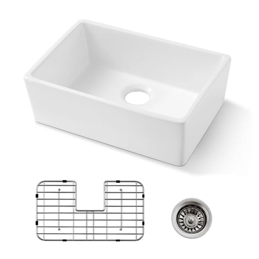 Tatayosi 24 Inch White Fireclay Farmhouse Sink 24x 16 Inches White Farm Sink for Small Kitchen and Laundry Apron Front Porcelain Ceramic Sink Single Basin with Bottom Grid and Strainer