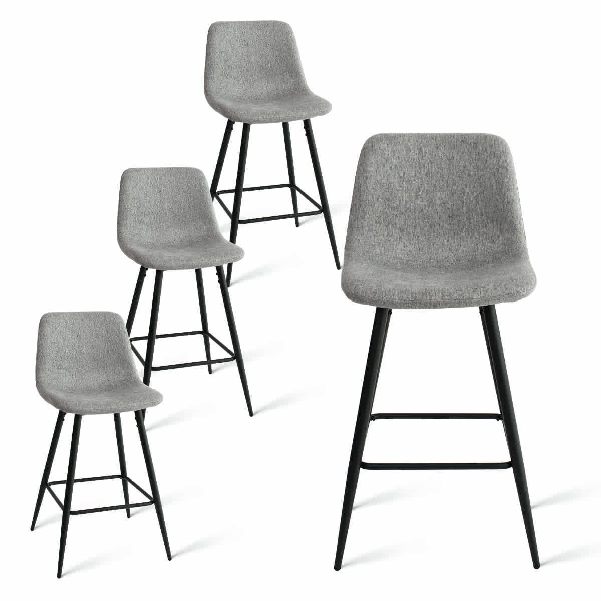 Maison Boucle Set of 4 Gray Bar Stools Counter Height Upholstered 26 inch Seat with Black Legs for Kitchen Island