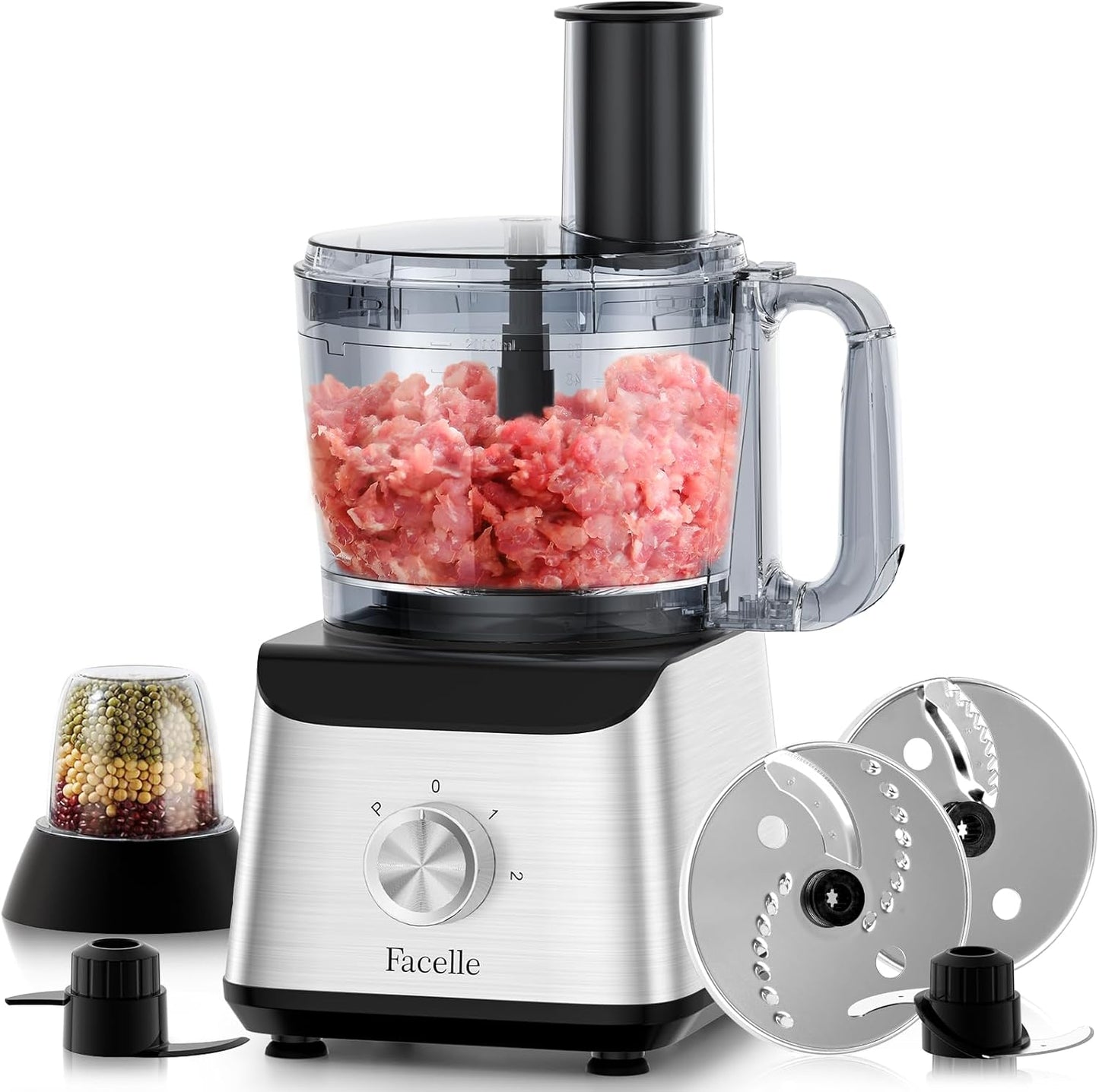 Facelle Electric Food Processor 10 Cup Large Bowl with 6.8oz Grinder, 600W Vegetable Chopper for Mincing, Dicing, Shredding, Puree & Kneading Dough, Great for Cheese Grater, Hummus, Meat and Salsa