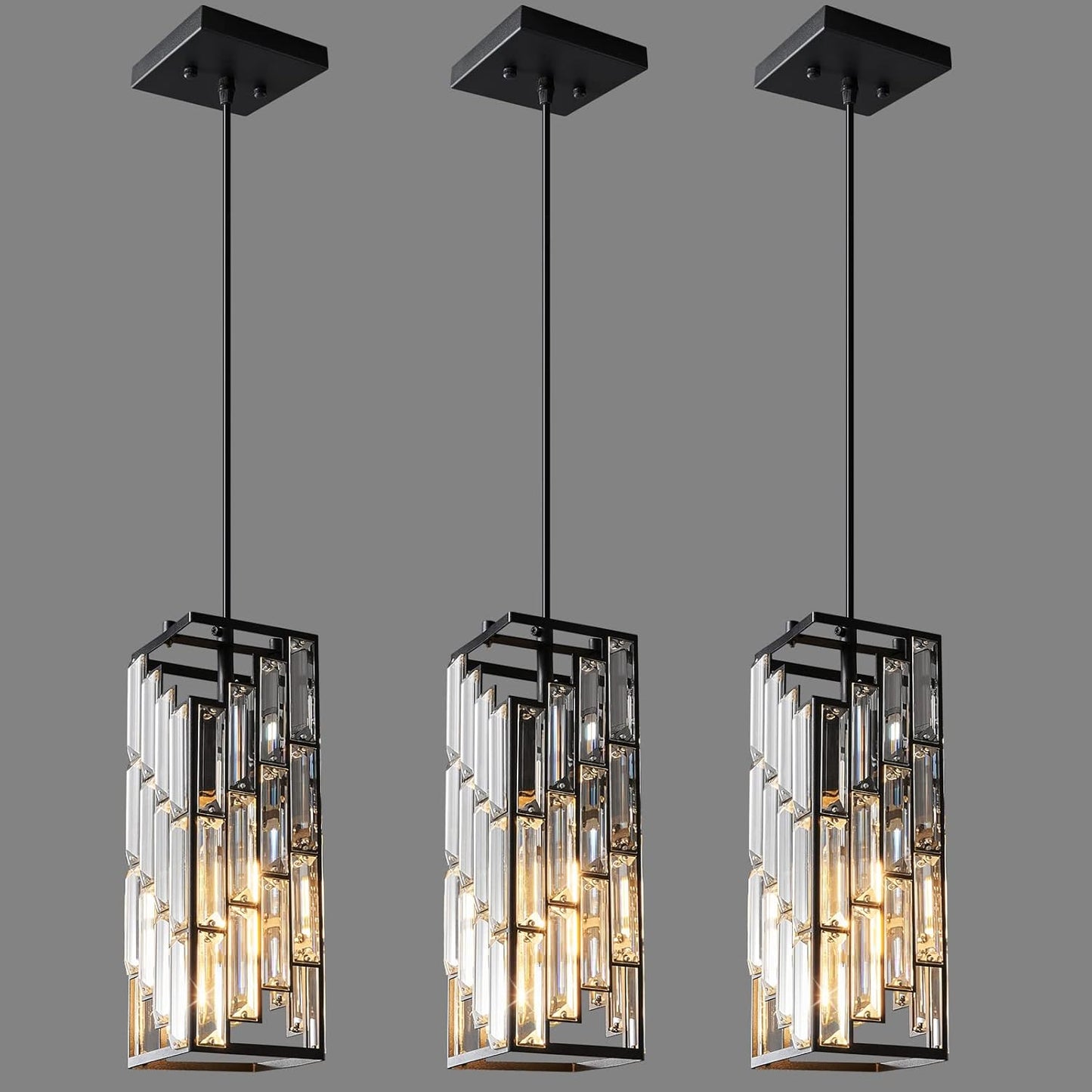 FDPBY Black Pendant Lighting Modern Pendant Light, Mini Crystal Chandeliers,Adjustable Pendant Light Fixture for Kitchen Island Dinning Room Bedroom (3 Pack)