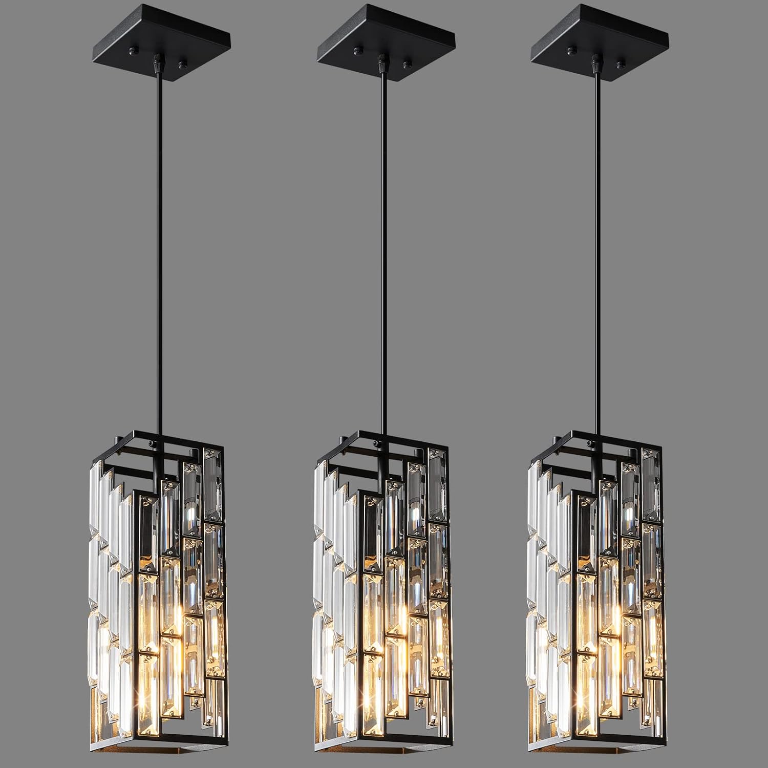FDPBY Black Pendant Lighting Modern Pendant Light, Mini Crystal Chandeliers,Adjustable Pendant Light Fixture for Kitchen Island Dinning Room Bedroom (3 Pack)
