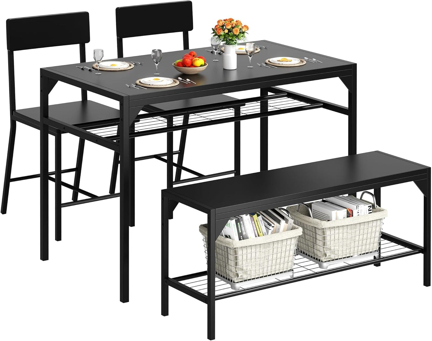 Shintenchi Kitchen Table Chairs Set of 4, Dining Table Set for 4 with Bench and Chairs, 4 Pieces Kitchen Table Set with Storage Rack & Metal Frame for Small Space, Black
