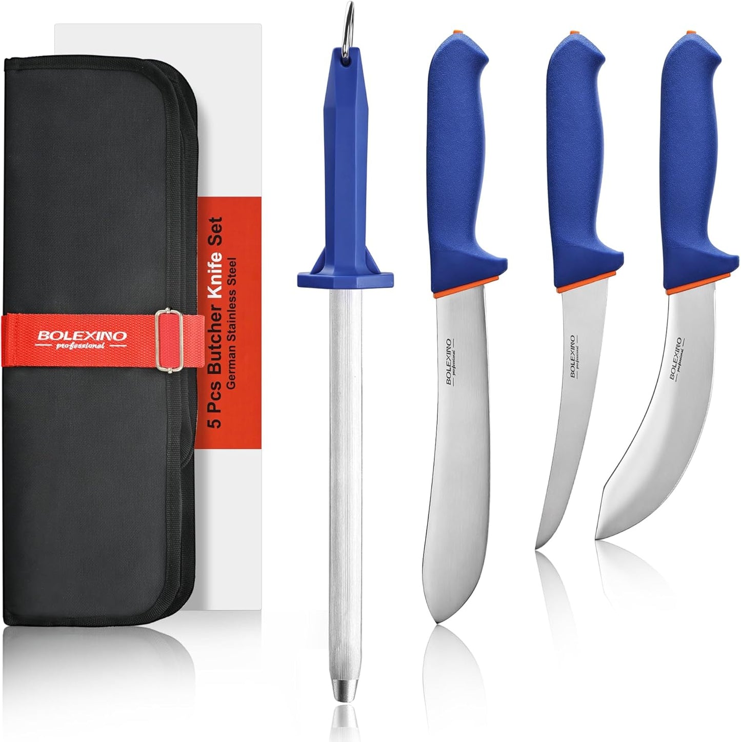 5 PCS Professional Butcher Knife Set W\/Non-slip Softgrip, incl. 8"Butcher Knife, 6" Skinning Knife, 6" Boning Knife For Meat Cutting, 10" Knife Sharpener Rod & Knife Roll Bag, X50CrMoV15 German Steel