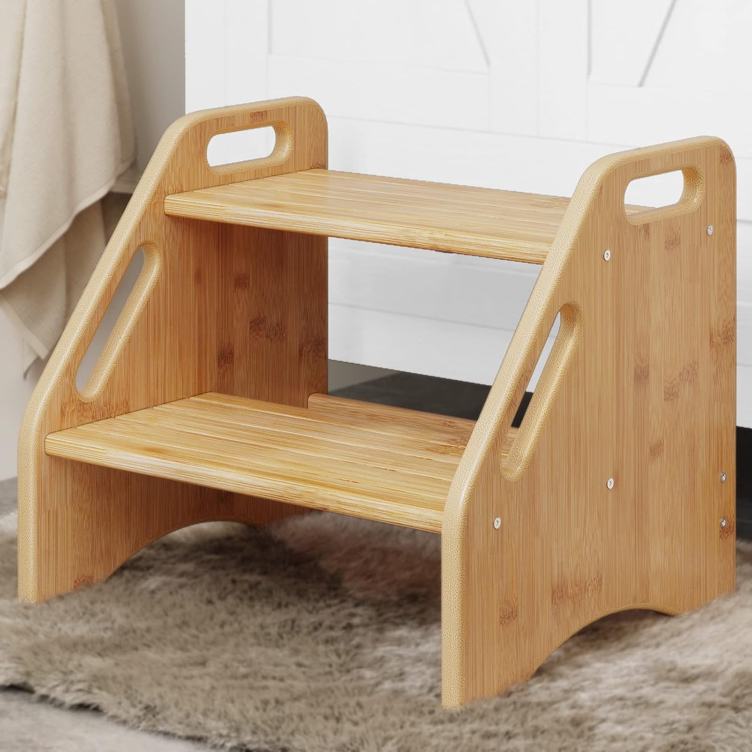 AMBIRD Wooden Step Stool, Two Step Stools Toddler 300 lbs Capacity with Safety Non-Slip Pads and Handles, Bamboo Step Stool for Bathroom, Kitchen Dual Height Step Stools for Kids (Natural)
