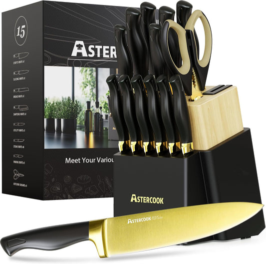 Astercook 15 Pieces Knife Set, Healthy Gold Titanium Coating Kitchen Knife Sets, Full Tang Knives Set with Block and Built-in Sharpener, German Stainless Steel Knife Block Set Dishwasher Safe Black