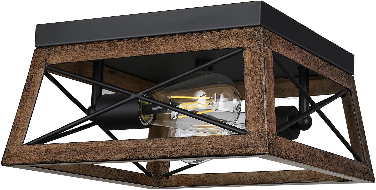DEWENWILS Farmhouse Flush Mount Ceiling Light with Wood Grain Finish, 2-Light Metal Light Fixture for Kitchen Hallway Entryway Porch
