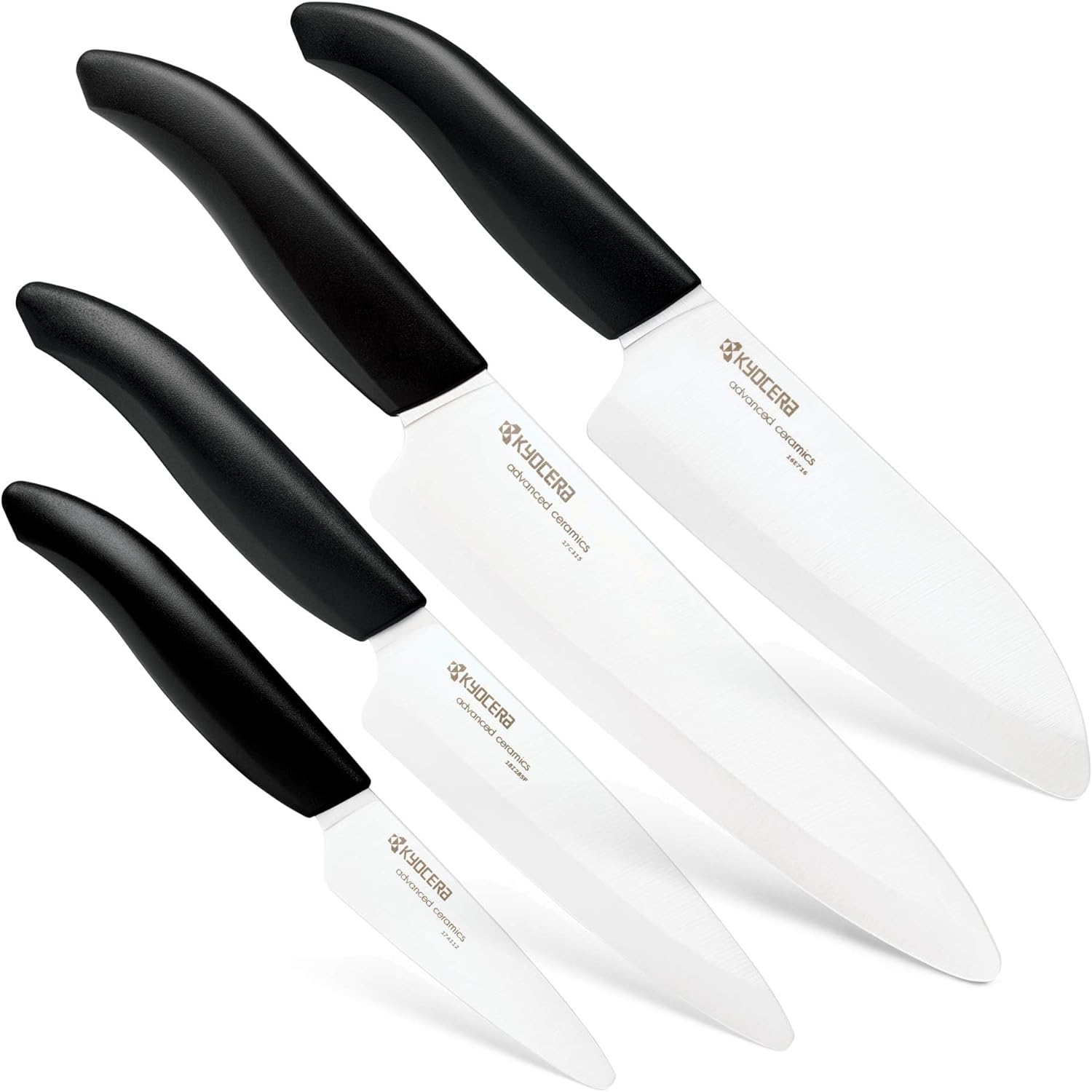Kyocera\u2019s Revolution 4-Piece Ceramic Knife Set: Ceramic Chef Knife For Your Cooking Needs, 7" Chef's Santoku, 5.5" Santoku, 4.5" Utility & 3" Paring Knives, Black\/White
