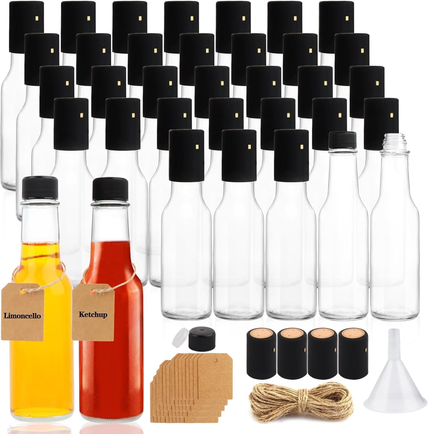 GUANENA 35 Pack 5oz Hot Sauce Bottles, Clear Glass Woozy Bottles with Leak Proof Black Screw Caps, Dripper Inserts and Shrink Capsules, Empty Small Wine Bottles with Labels (Bonus Funnel and Twine)