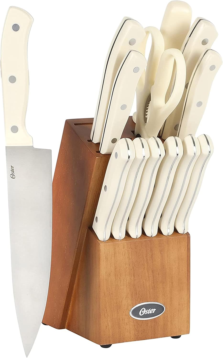 Oster Evansville 14 Piece Cutlery Kitchen Knife Block Set, Stainless Steel w\/Linen White Handles - Cuchillos Para Cocina