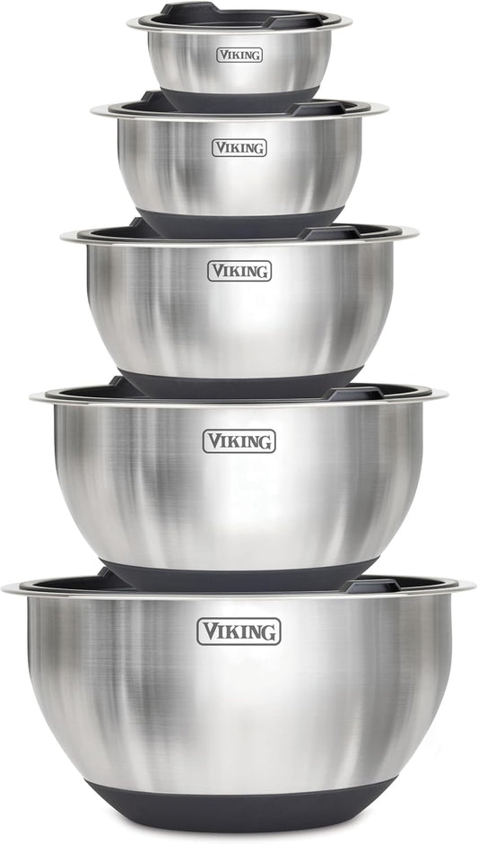 Viking Mixing Bowls Set, 10 Piece Stainless Steel Kitchen Cookware, Non-Slip Silicone Base, Includes Tight Fit Lids, Dishwasher Safe, Black