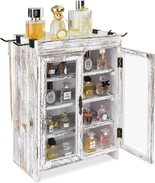 Ikee Design Small Wooden Countertop Storage Cabinet with Adjustable Shelves and Removable Hooks, Perfect for Perfume, Pantry, Essential Oil, 10.4W x 6.1D x 14.4H in, Antique White