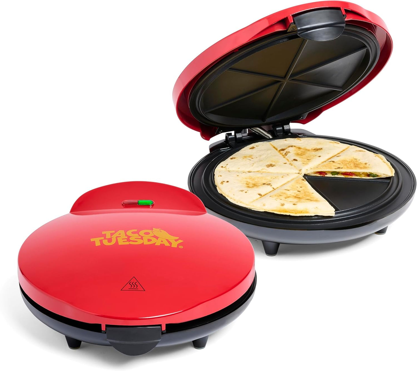 Taco Tuesday Deluxe 10-inch 6-Wedge Electric Quesadilla Maker with Extra Stuffing Latch, Red
