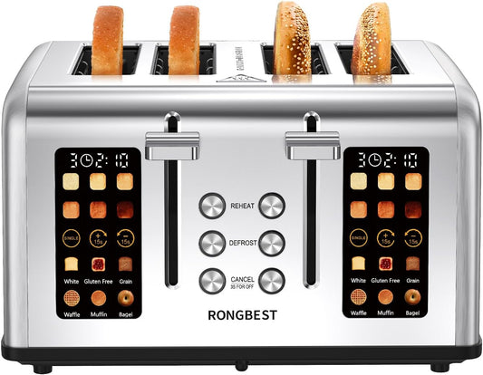 4 Slice Touch Screen Toaster, Stainless Steel Toaster with Wide Slots for Bagels and Bread, Reheat/Defrost/Cancel Functions, Removable Crumb Tray, Silver