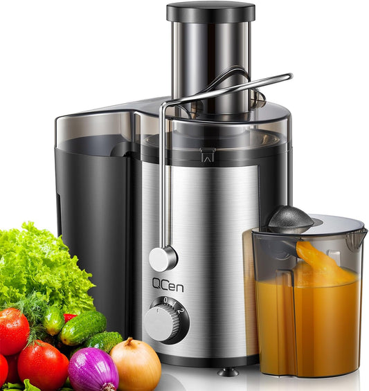 Qcen Juicer Machine, 800W Centrifugal Juicer Extractor with Wide Mouth 3\u201D Feed Chute for Fruit Vegetable, Easy to Clean, Stainless Steel, BPA-free (Black)