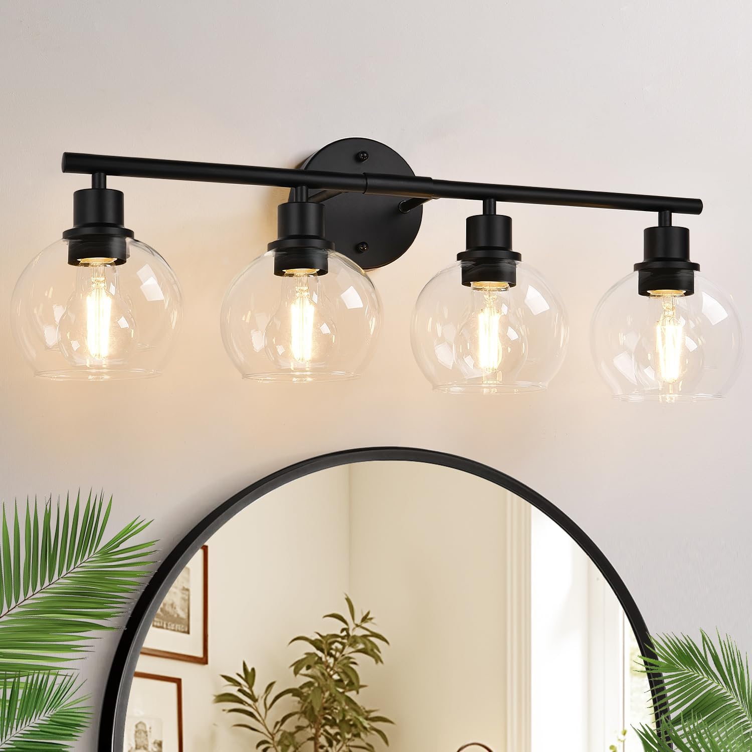 2025 Upgrade 4-Light Bathroom Light Fixtures, Black Bathroom Lights Over Mirror with Clear Glass Globe Shade, Vanity Lights for Bathroom Kitchen Living Room Hallway Cabinet Bedroom Porch