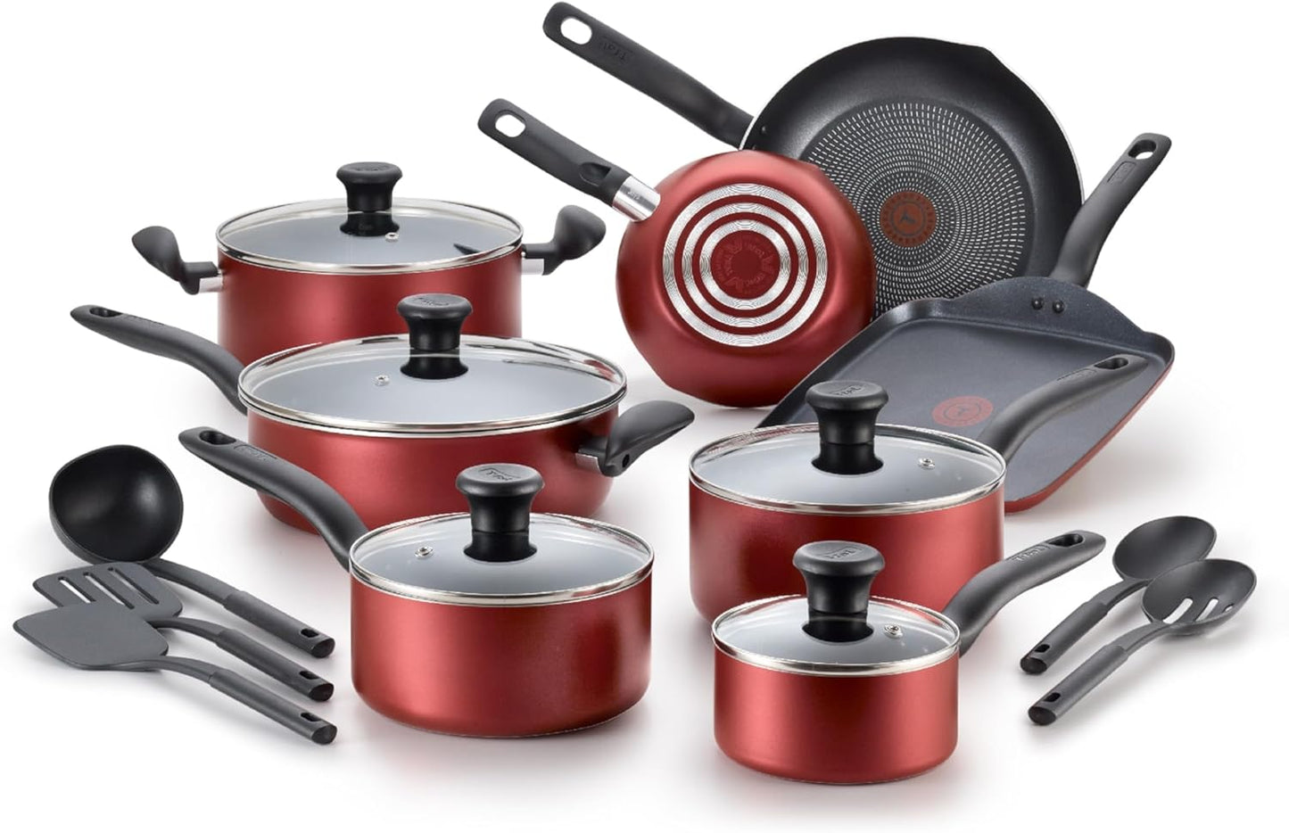 T-fal Initiatives Nonstick Cookware Set 18 Piece, Oven Broiler Safe 350F, Kitchen Cooking Set w\/Fry Pans, Saucepans, Saute Pan, Dutch Oven, Griddle, Pots and Pans, Home, Dishwasher Safe, Red