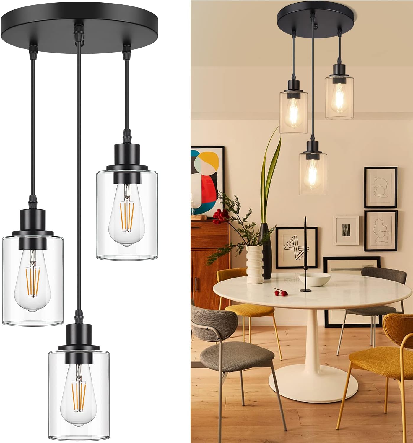 MAXvolador Industrial 3-Light Pendant Light, Adjustable Hanging Light Fixture with Clear Glass Shade, Pendant Lighting E26 Base Ceiling Lamp, Black