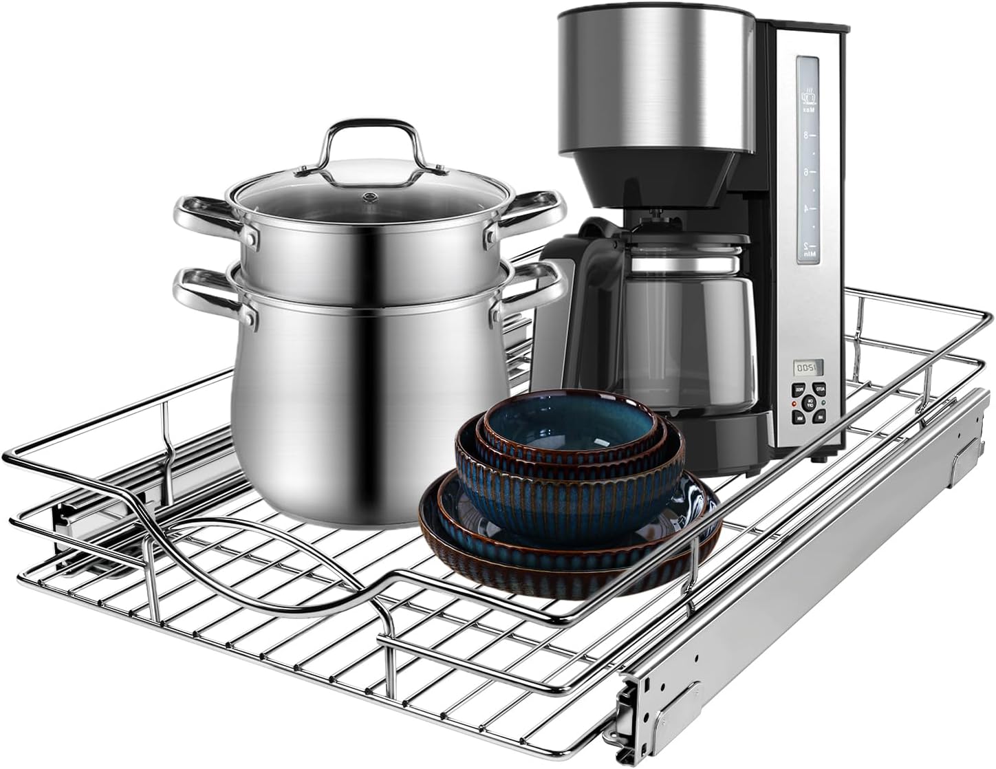 Sikarou Pull Out Cabinet Drawer Organizer, 14\u201DW x 21\u201DD - Requires At Least 15 Cabinet Opening, Heavy Duty Slide Out Shelves, Sliding Drawer Storage for Kitchen, Bathroom, Chrome Finish