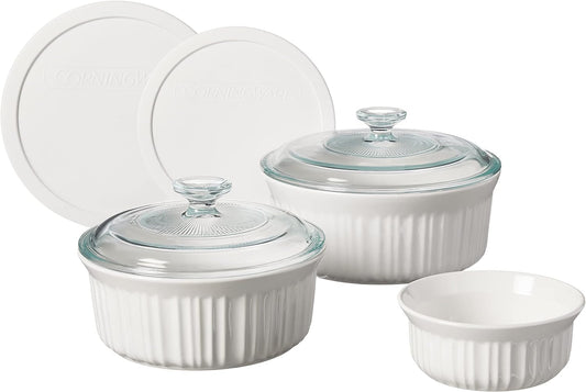 CorningWare French White 7-Pc Ceramic Bakeware Set with Lids Chip and Crack Resistant Stoneware Baking Dish, Microwave, Dishwasher, Oven, Freezer and Fridge Safe