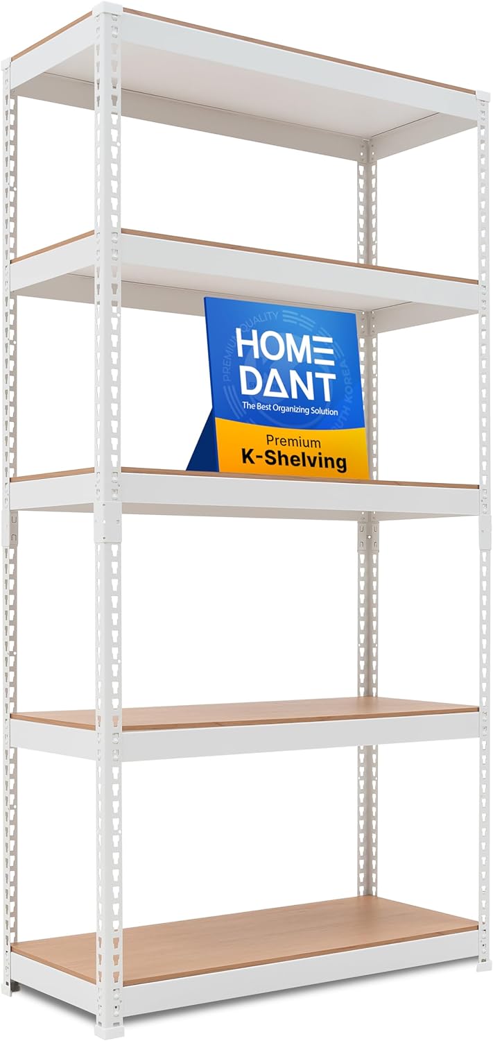 HOMEDANT 5 Tier White Storage Shelves Adjustable Laminated Boltless Garage Metal Shelving Unit Heavy Duty Utility Rack Shelf Warehouse Pantry Closet Kitchen 35.9" W x 16.2" D x 71.3" H White 1Pack