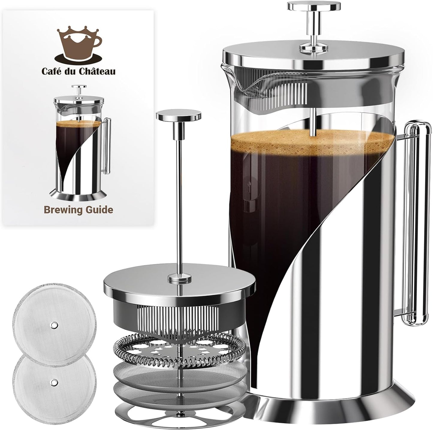 Cafe Du Chateau Stainless Steel French Press Coffee Maker - 34oz Insulated Coffee Press with 4-Level Filtration, BPA Free, Durable Glass, Great for Tea