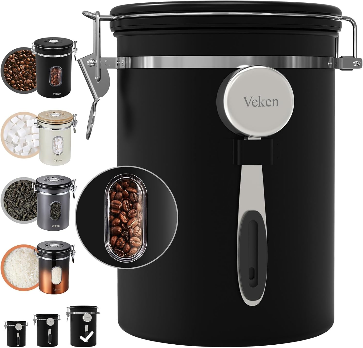 Veken Large Coffee Canister with Window, Rice Kitchen Food Storage Airtight Stainless Steel Container with Lids, Date Tracker and Scoop, Grounds, Beans, Tea, Flour, Cereal, Sugar Jars, 38oz, Black