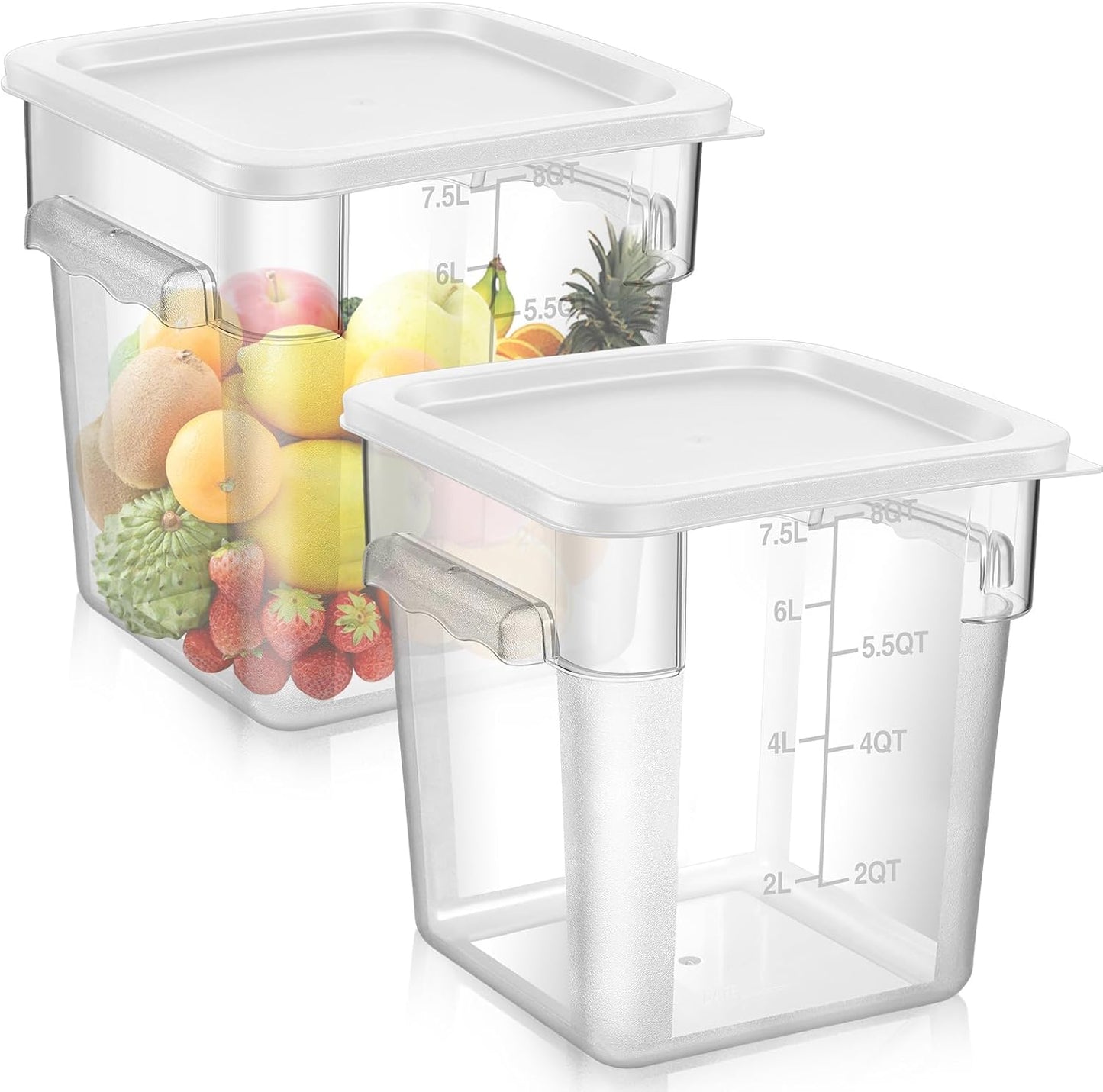 FoldTier 2 Pieces Square Food Storage Containers Polycarbonate Clear food Container with Lid Commercial Storage with Graduations for Commercial Kitchen Dough Marinating Meat(White,8 Qt)
