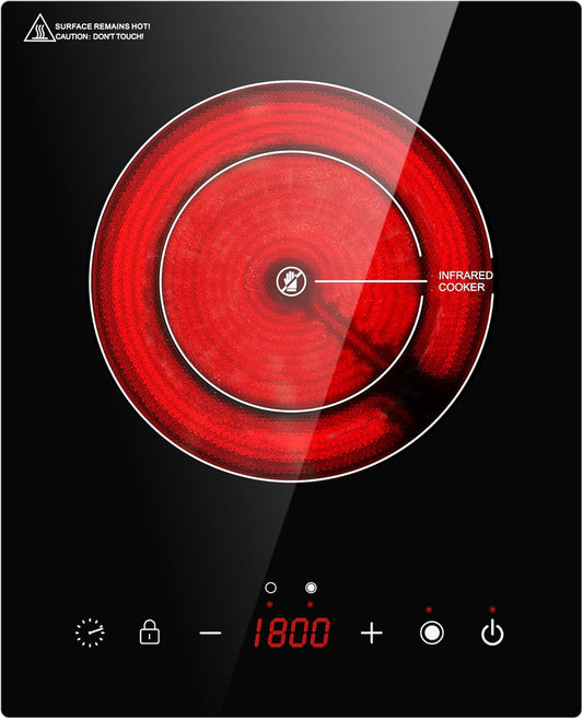 Dual Coils Design of Single Burner Cooker, 1800W Electric Infrared Ceramic Hot Plate for Cooking, Portable Countertop or 12 inch Built-in Cooktop Radiant Stove Top, Compatible with All Cookware