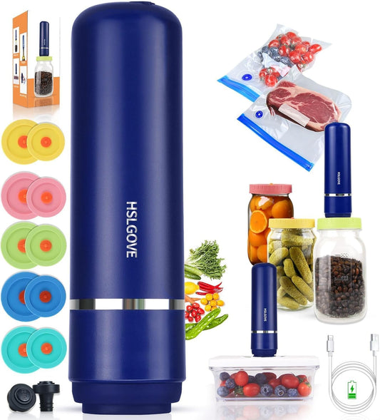 HSLGOVE Vacuum Sealer, Handheld Electric Mason Jar Vacuum Sealer Kit, Portable Food Sealer for Canning & Meal Storage, Includes 5 Reusable Bags, 10 Jar Lids & 2 Wine Sealers MatteBlue