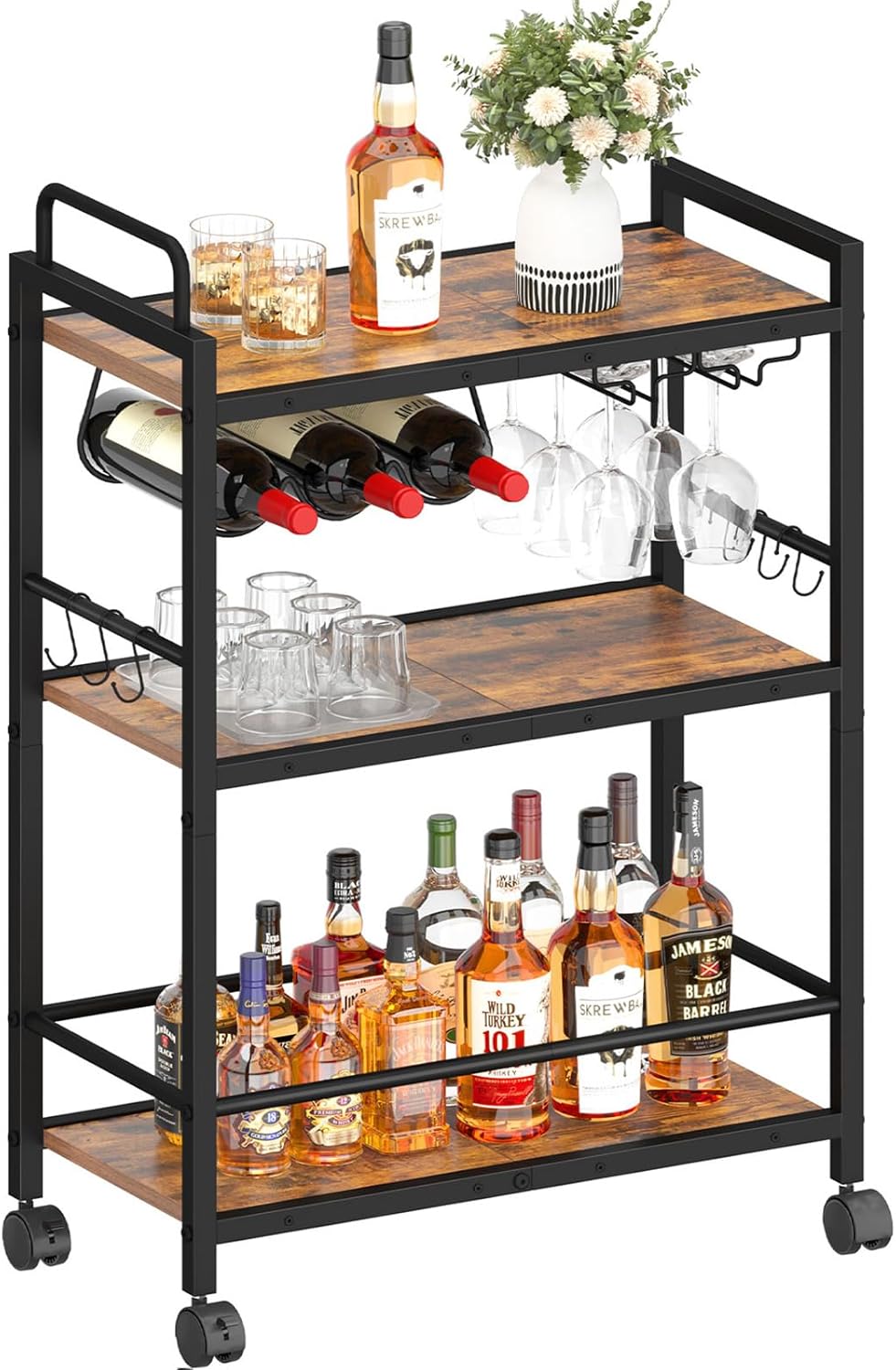 Home Bar Serving Cart, Serving Cart with Wheels and Handle, 3 Tier Rolling Kitchen Cart, Microwave Cart, Beverage Cart with Wine Holder and Glass Holders, for Dinning Room, Living Room, Kitchen