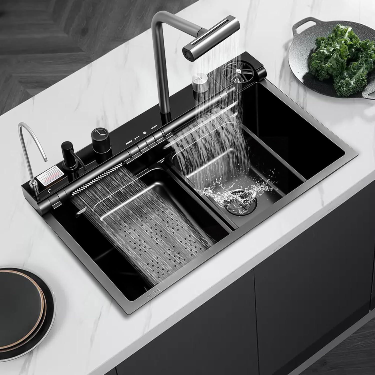 30x18 Dual Waterfall Kitchen Sink,Modern Kitchen Sink with 4 in 1 Faucet,Black Stainless Steel Single Bowl Digital Smart Sink with Pull-Out Faucet,Multifunctional Workstation Sinks with Nano Honeycomb