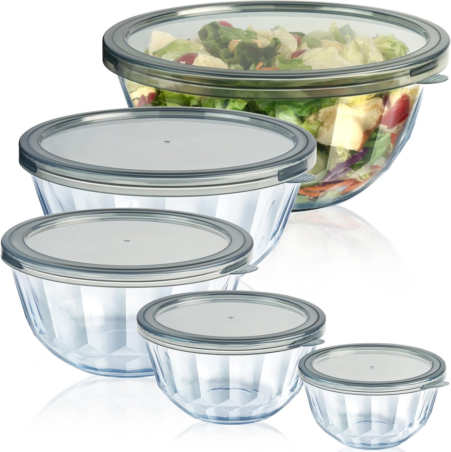 Mixing Bowls with Airtight Lids Sets, 5 Packs Thick Glass Nesting Bowls for Kitchen Baking, Meal Prepping, Bpa Free, Dishwasher Safe, 0.5/0.8/1.6/2.7/4.4 Qt