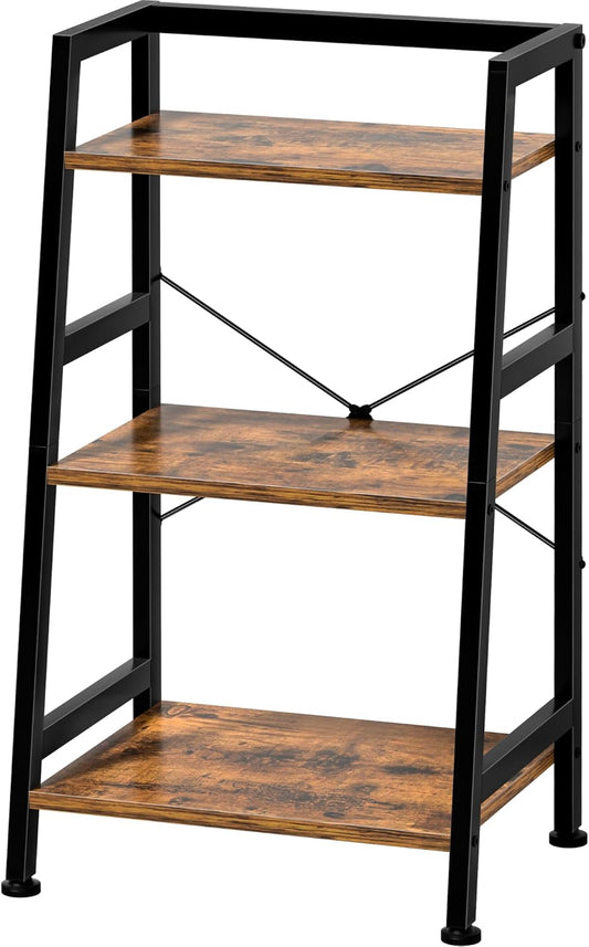 3-Tier Bookshelf, Ladder Shelf, Industrial Bookcase with Steel Frame, Metal Small Bookcase, Stand up Shelves for Living Room, Home Office, Kitchen, Bedroom, Industrial Style（Rustic Brown & Black）