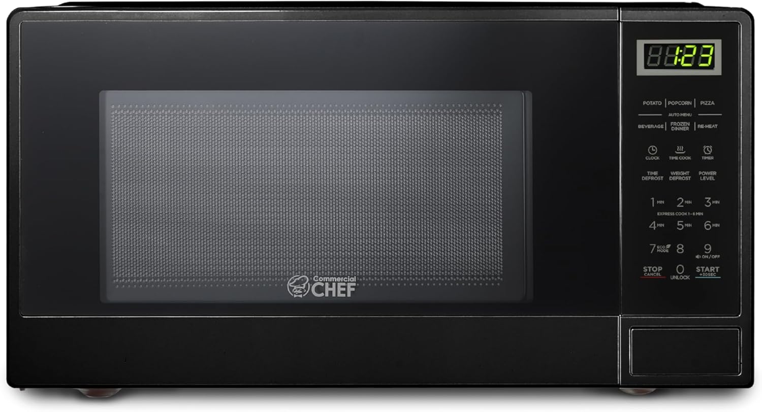COMMERCIAL CHEF 1.1 Cu Ft Microwave with 10 Power Levels, Small Microwave with Push Button, 1000W Countertop Microwave with Kitchen Timer, Door Lock, & Digital Controls, Black