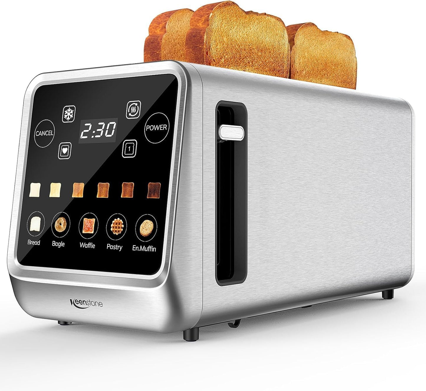 Keenstone Toaster 4 Slice, Digital Smart Toaster with TouchScreen, Memory Function, Single Slot Toasting, Timer, Reheat & Defrost for Bagels, Bread, Waffles, Muffin, Stainless Steel Kitchen Essentials