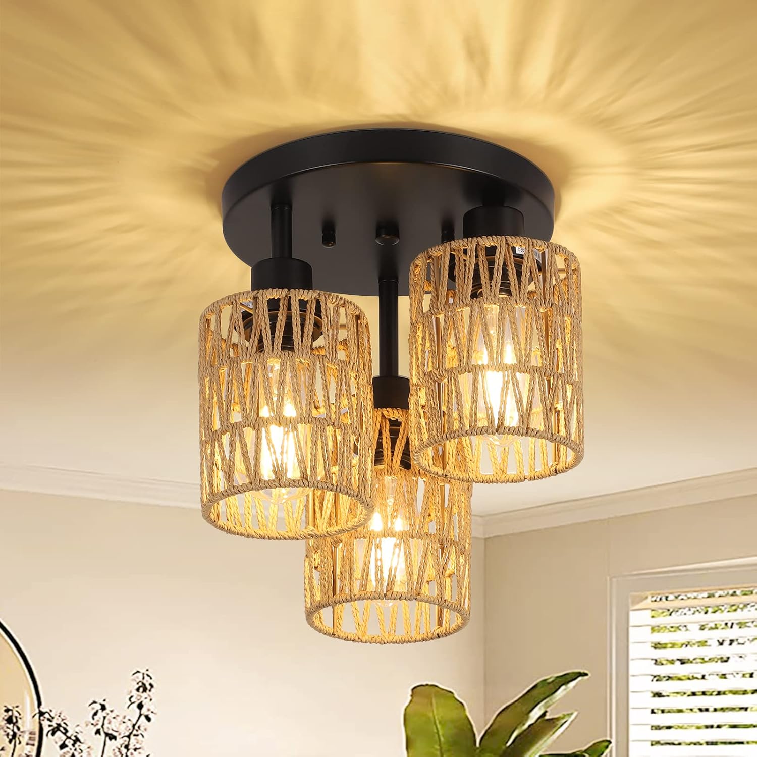 3-Lights Boho Light Fixtures Ceiling Mount, Farmhouse Rattan Chandelier, Hand Woven Cage Shade Semi Flush Mount Ceiling Lights for Bedroom Foyer Entryway Kitchen, Hallway Rattan Light Fixtures Ceiling