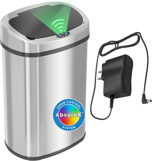 SensorCan 13 Gallon Touchless Kitchen Trash Can with Lid, Odor Filter & AC Adapter \u2013 Motion Sensor Stainless Steel Garbage Bin for Home, Office, or Garage \u2013 Slim Oval Shape, Large Capacity Design
