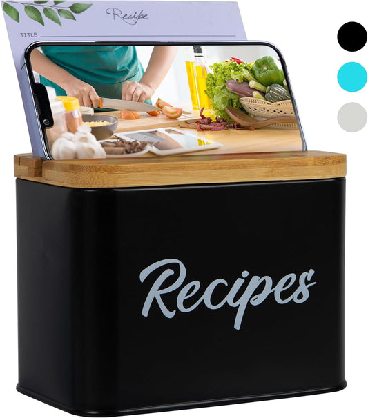 ArtEight Recipe Box - Black - 4"x6" Recipe Cards and Box Set - Durable Recipe Card Box with Thicker Metal - Includes 25 Cards and 10 Dividers - Beautiful Recipe Box with Cards and Dividers