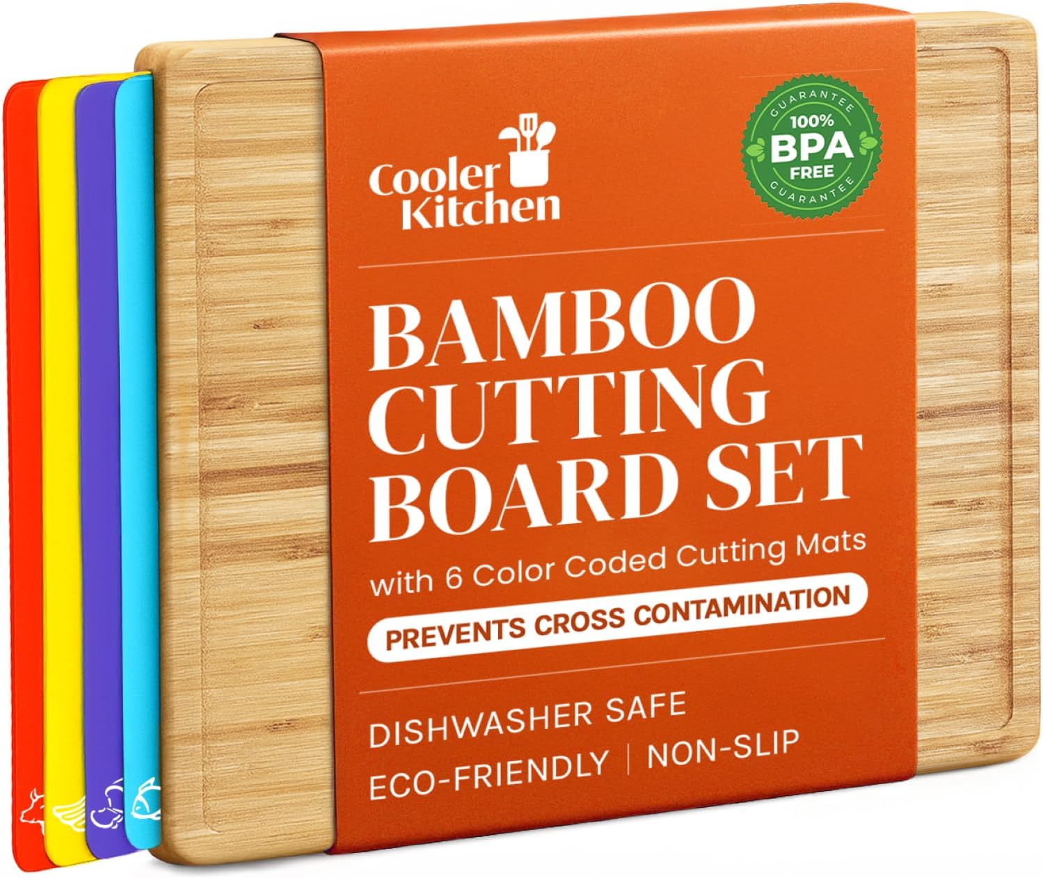 Cutting Boards for Kitchen \u2013 Bamboo Cutting Board Set with 6 Color-Coded Flexible Chopping Mats, Easy Clean Wood and Dishwasher-Safe Plastic, Large 17×12, Knife-Friendly by Cooler Kitchen