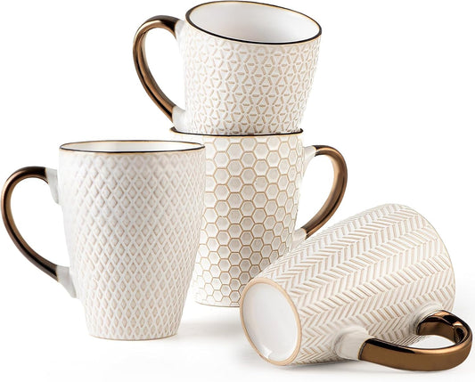 Gooditour Ceramic Coffee Mug Set - 16 Oz Large Coffee Mugs - Embossed Stoneware Cups with Handle for Latte Tea Cappuccino Cocoa - Microwave Dishwasher Safe - Set of 4 - White