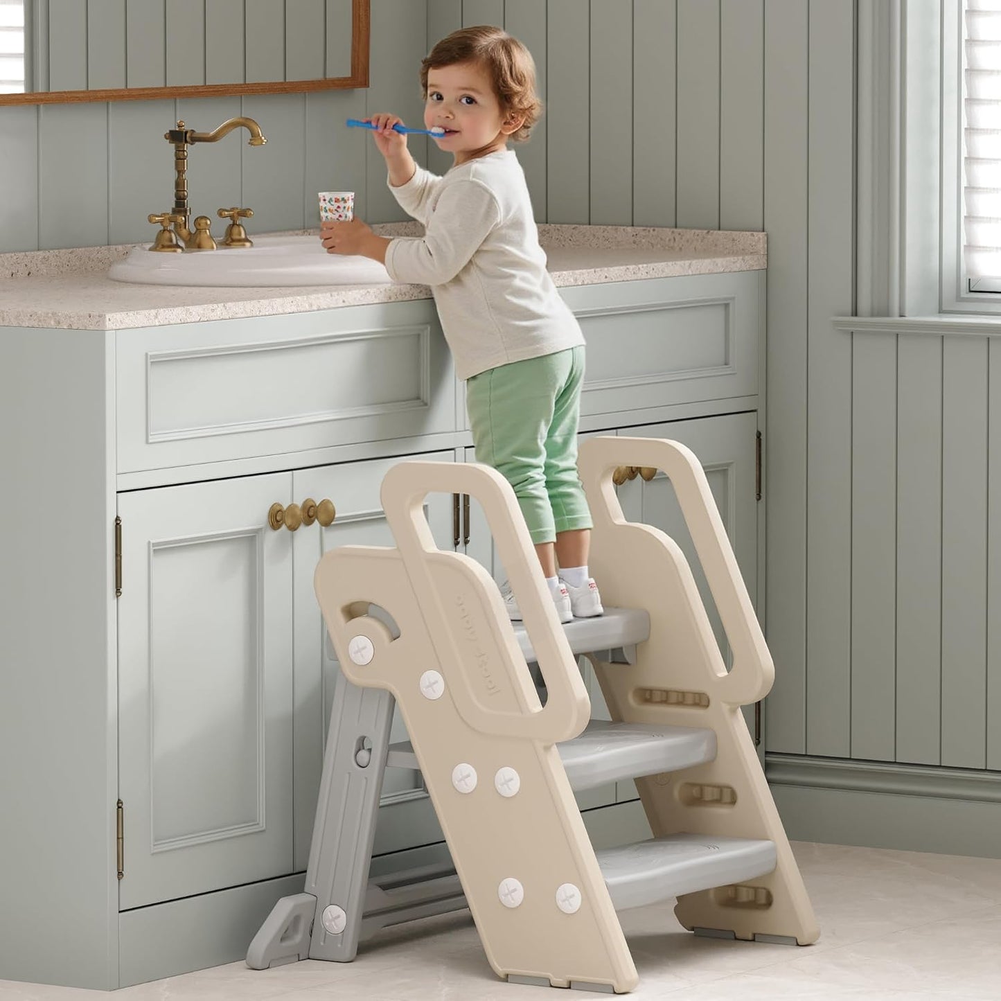 Foldable Step Stool for Bathroom Sink - Adjustable Toilet Trainer & Anti-Tip Guard - Kitchen Learning Stool with Safety Rail,Bookshelf Ladder for Toddlers with Safety Lock,Grey