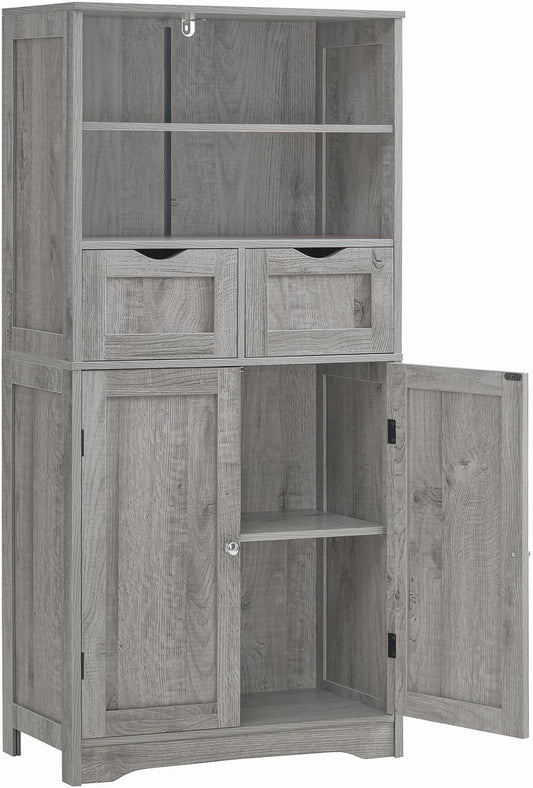Iwell Tall Storage Cabinet with 2 Drawers & Adjustable Shelf, Bathroom Cabinet with Doors, Cupboard, Kitchen Cabinets for Living Room, Dining Room, Entryway, Grey